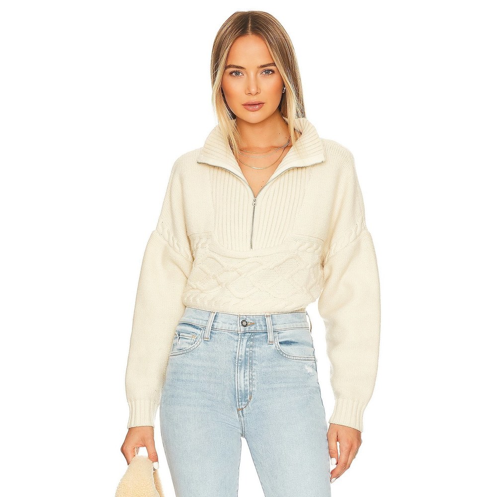 Central Park West Tiegen Cables Half Zip Sweater in Ivory pullover knit